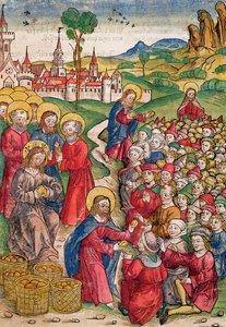 Kenyerek és halak sokszorosítása, 1491 (színes fametszet)